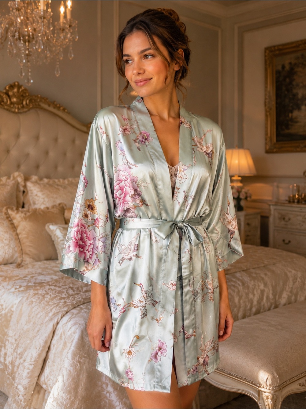 Satin Floral Kimono Robe in Sage Green with Pink Blooms